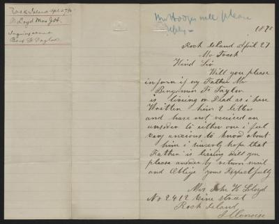 Letter to Captain Gustavus D. S. Trask, Governor of Sailors' Snug Harbor, from John H. Lloyd, April 27, 1890