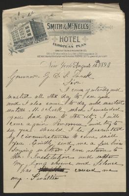 Letter to Captain Gustavus D. S. Trask, Governor of Sailors' Snug Harbor, from Alexander French, former inmate, Sailors’ Snug Harbor, August 12, 1890