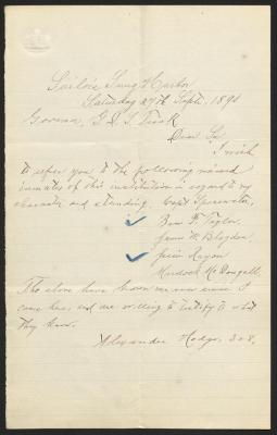 Letter to Captain Gustavus D. S. Trask, Governor of Sailors' Snug Harbor, from Alexander Hodge, Inmate, Sailors’ Snug Harbor, September 27, 1890
