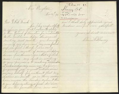 Letter to Captain Gustavus D. S. Trask, Governor of Sailors' Snug Harbor, from David P. Sherry, former inmate, Sailors’ Snug Harbor, November 16, 1890