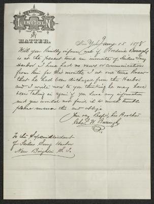 Letter to the Superintendent of Sailors' Snug Harbor from Chas. [Charles] W. Burroughs, January 15, 1878
