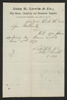 Letter to Captain Thomas Melville, Governor of Sailors' Snug Harbor, from Chas. [Charles] Smith, October 14, 1878