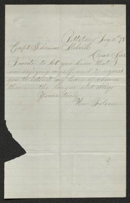 Letter to Captain Thomas Melville, Governor of Sailors' Snug Harbor, from Wm. [William] Folsom, August 10, 1878