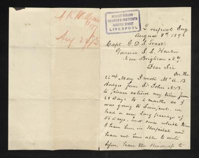 Letter to Captain Gustavus D. S. Trask, Governor of Sailors' Snug Harbor, from Alex. [Alexander] K. Williams, August 8, 1893