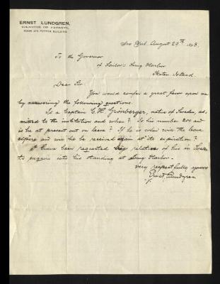 Letter to Captain Gustavus D. S. Trask, Governor of Sailors' Snug Harbor, from Ernst Lundgren, August 29, 1893