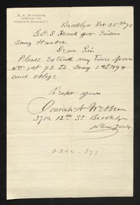 Letter to Captain Gustavus D. S. Trask, Governor of Sailors' Snug Harbor, from Josiah A. Webber, October 25, 1893