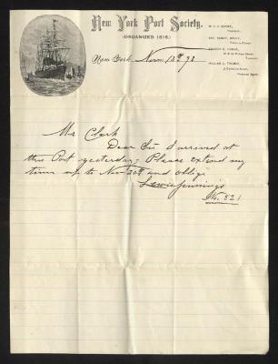 Letter to Mr. [Joseph K.] Clark, Steward, Sailors' Snug Harbor, from Lewis Jennings, November 13, 1893
