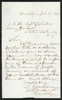 Letter to the Superintendent of Sailors' Snug Harbor, from S. Graham, of Brooklyn, New York, February 16, 1876